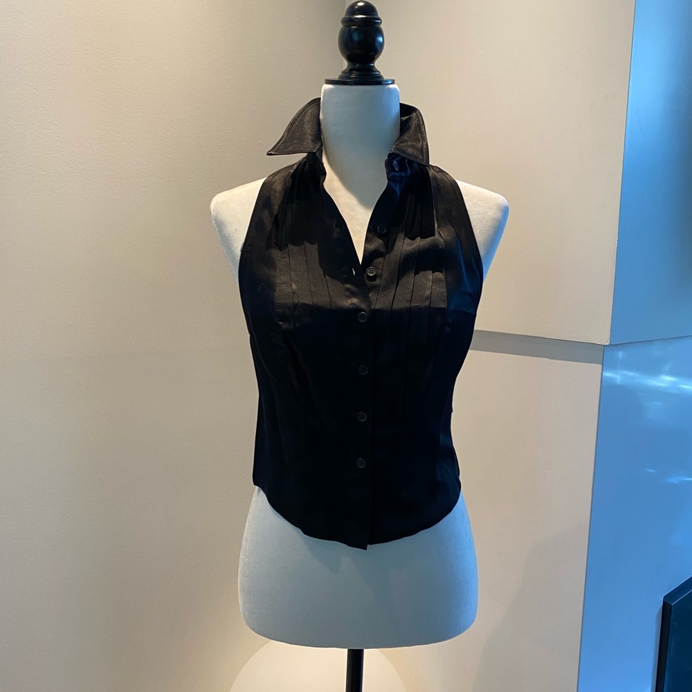 Black satin sleeveless button up